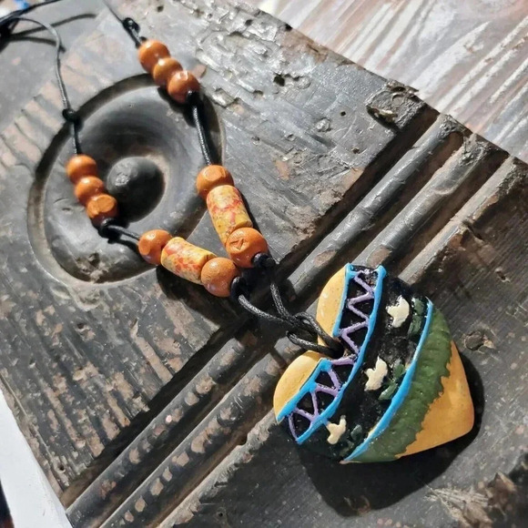 Artisan Heart Flowers Unglazed Clay Beige Black Multicolor OOAK Pendant Necklace - Picture 7 of 7